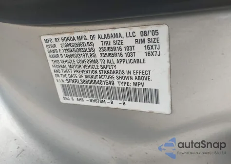 2006 Honda Odyssey Ex-L z USA, uszkodzony, nr VIN 5FNRL38606B401549